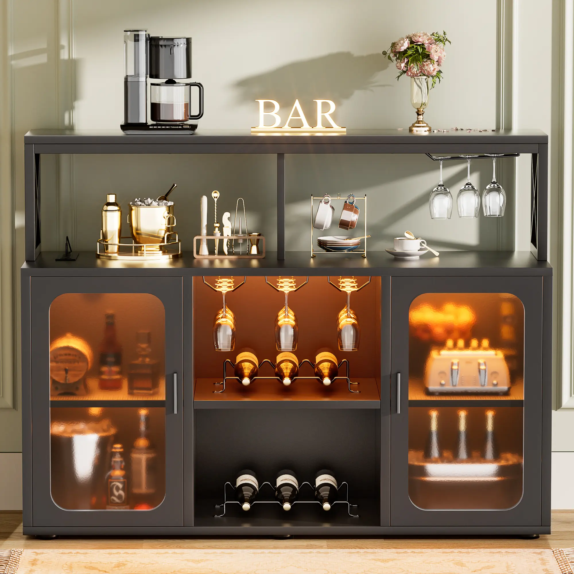 Cyclysio Freestanding Wine Bar Cabinet with RGB LED Lights ＆ Charging Station,Sideboard Buffet Cabinet,Coffee Bar Liquor Cabinet with Glass Holder,dorm essentials,home decor
