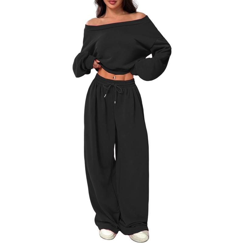 Two Piece Sets for Women Fall Sweatsuits Long Sleeve Off Shoulder Top Wide Leg Sweatpants Lounge Sets Tracksuit