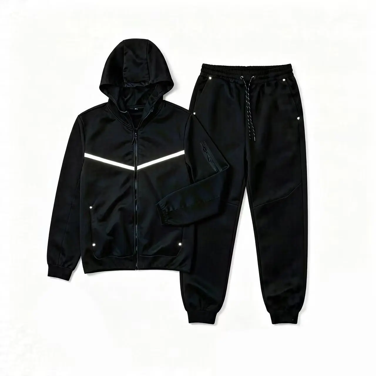 Men's 2-Piece Windrunner Hooded Sportswear Set - Slim-Fit, Breathable, Reflective Stripe, Trendy Casual Spring & Autumn Training Running Top & Track Pants (Couples-Compatible), Two Piece Set