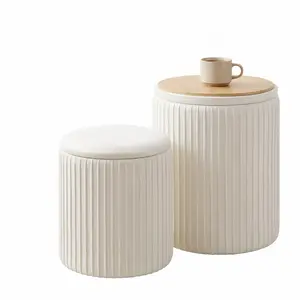 2 Piece Nesting Storage Ottoman Set with Reversible Lid, Round Upholstered Storage Stool & Side Table, Space-Saving Nesting Design for Living Room, Bedroom, Beige