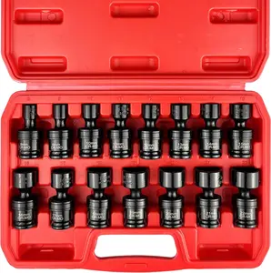 15-Piece 3/8" Drive Shallow Universal Impact Socket Set, 6-Point, Metric, 8-22mm,  Metric Flexible Wobble Sockets, CR-MO Steel,Heavy Duty Storage Case