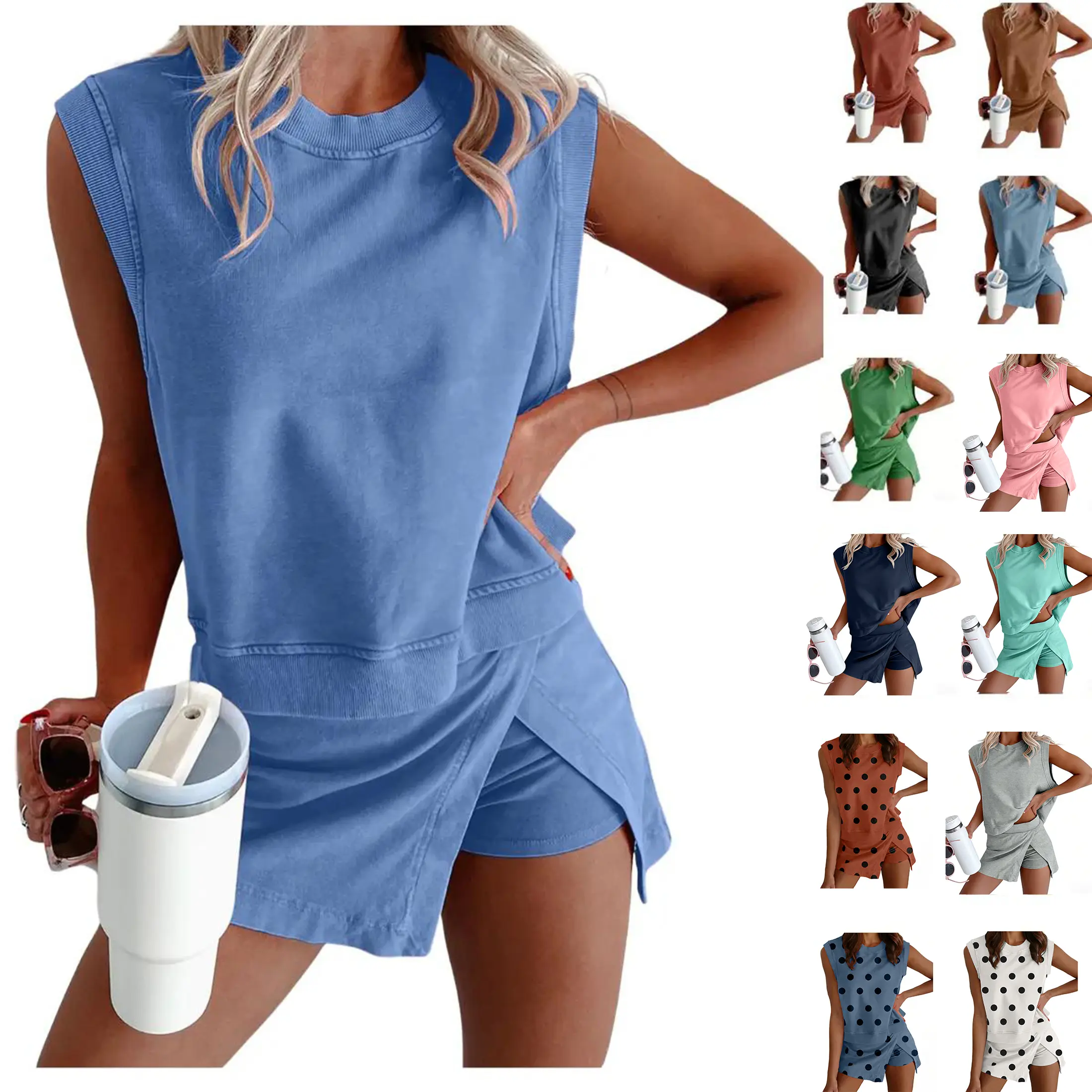 Mundoven Womens Y2K 2 Piece Washed Cotton Outfits Tank Top Skort Set Casual Summer Tracksuit with Side Slit & Built-in Shorts Breathable Womenswear