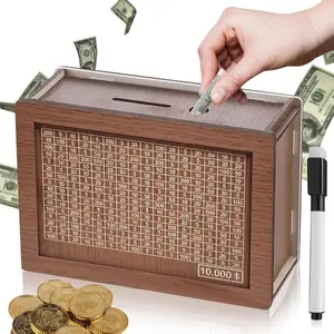 $10,000 Large Capacity Savings Challenge Box – Wooden Cash Savings Box for Adults and Kids, Wooden Cash & Coin Piggy Bank with Counter and Dry Erase Pen – Brown