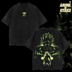 Saiyan Broly Green Z Washed T-Shirt Dragon and Ball Broly Character Unisex Top Wear 100% Cotton Washed Classic Cut Comfortable Ribbed Collar Fans Apple Flag US Beer T-Shirt