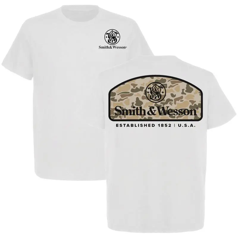 Women's Smith & Wesson Hunter Wheat Camo Short Sleeve Cotton Graphic Top, Casual Tactical T-Shirt for Gun Enthusiasts