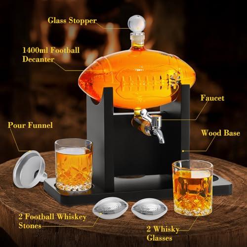 Football Whiskey Decanter Set for Men, 47oz Liquor Decanter Set with 2 Glasses + 2 Footballs Chillers, Gifts for Dad, Husband, Boyfriend, Coach, for Liquor, Bourbon, Scotch, Vodka