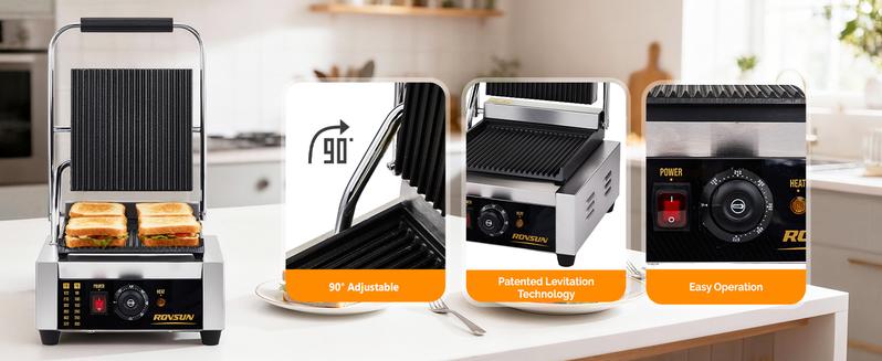 ROVSUN Commercial Panini Press Grill, Stainless Steel Electric Countertop Sandwich Maker with Adjustable Temp 122°F–572°F, For Steak, Burgers, Home & Restaurant Use, 110V, Silver
