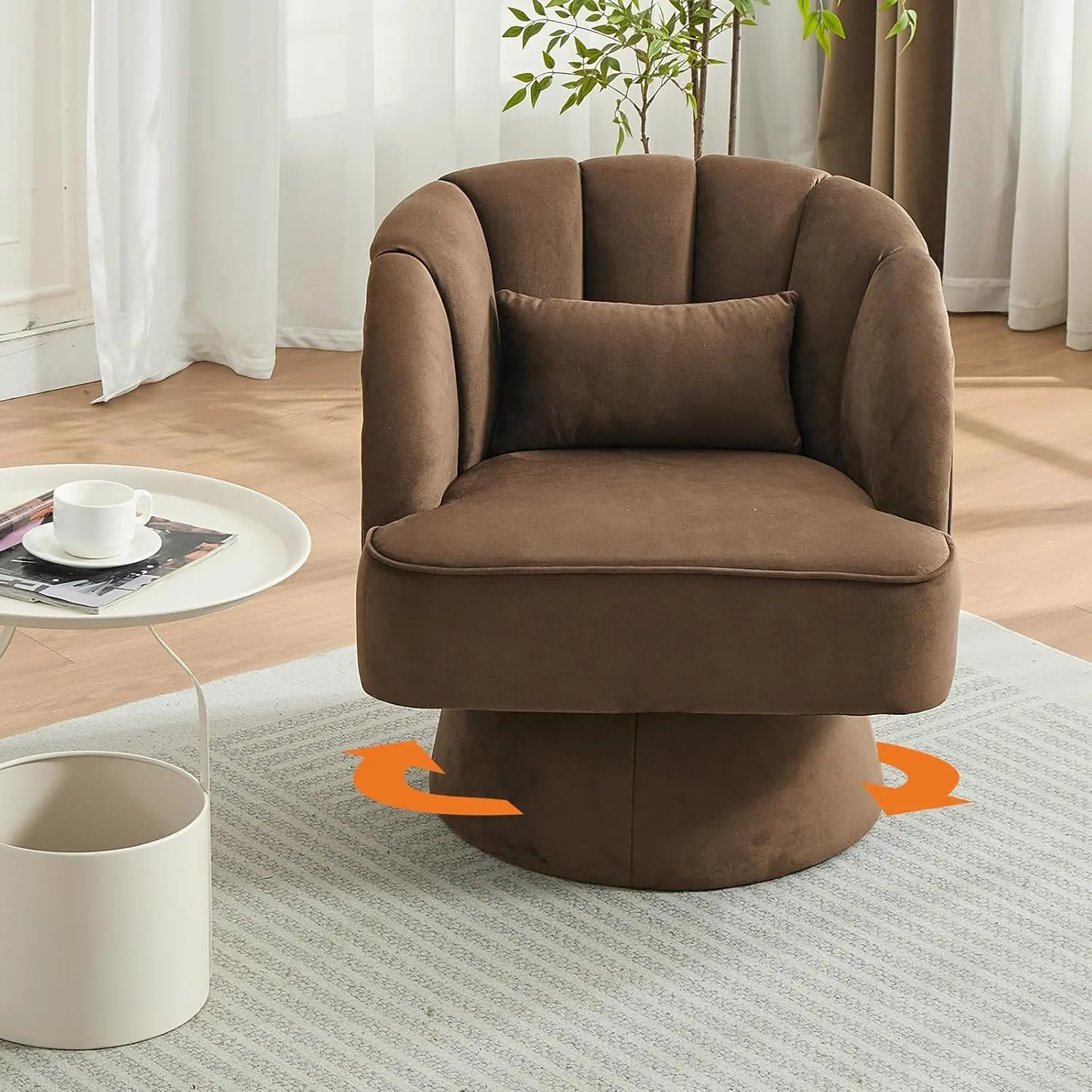 Stylish Coffee Brown Ergonomic Armchair with 360-Degree Swivel, Curve Back, Cushion & Wide Conical Base, Contemporary Upholstered Single Lounge Chair for Living Room, Reading Nook, Ergonomic Support