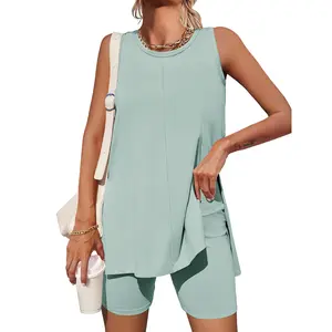 LAICIGO Women's Summer 2 Piece Fashion Outfits Sleeveless High Low Spilt Hem Tank Top Biker Shorts Sets Lounge Set Tracksuit