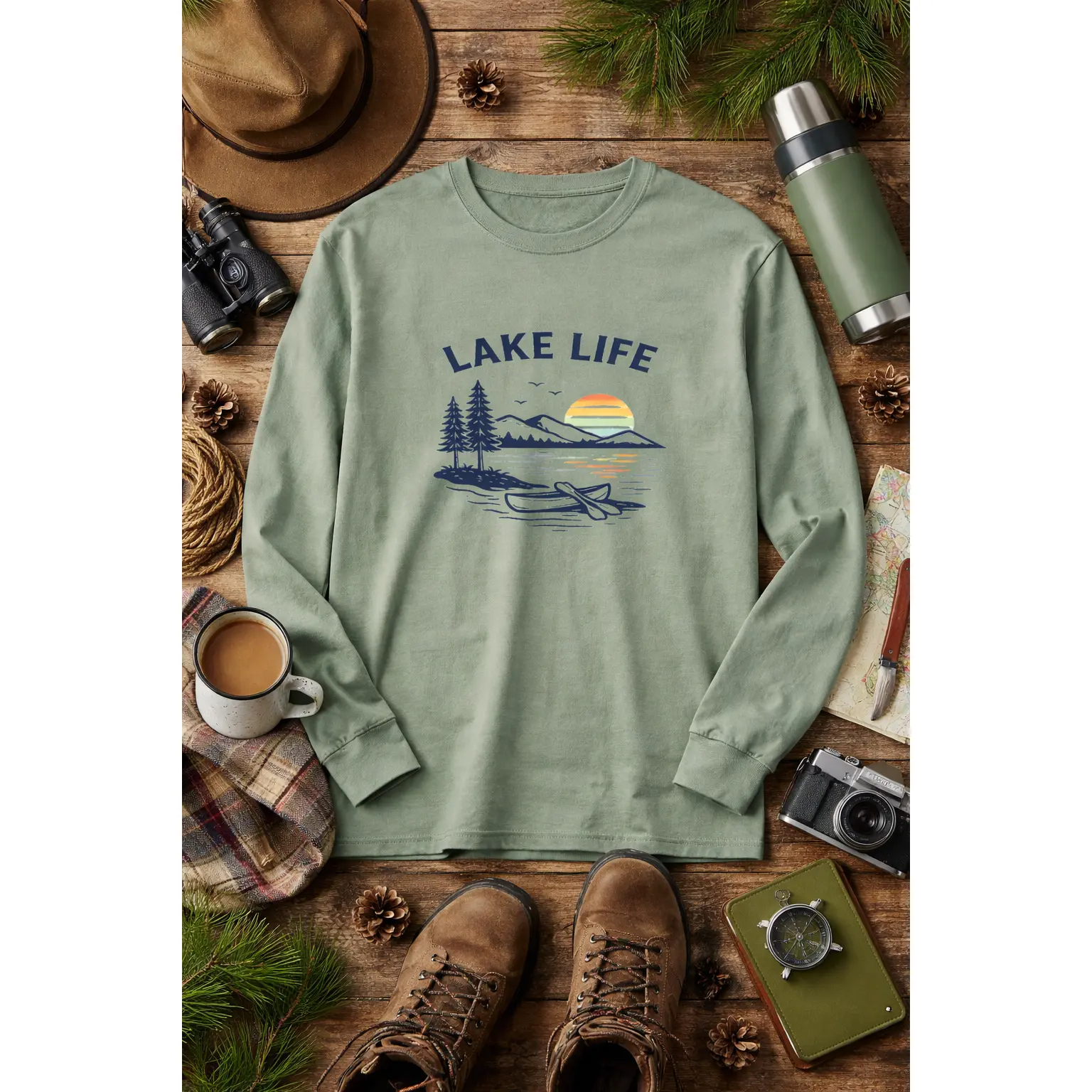 Comfort Colors Unisex Vintage Lake Life Graphic Long Sleeve T-Shirt, Garment-Dyed Ring-Spun Cotton Top with a Classic Fit, Tops, Menswear, Double-Needle Hems, Lasting Shape And Strength, Ribbed-Knit Cuffs, Washed, Sewn-In Twill Label