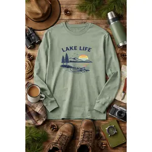 Lake Life Canoe Sunset Long Sleeve Shirt | Lakeside Nature Graphic Unisex