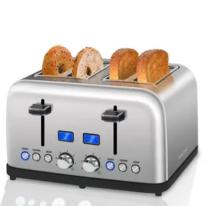 Toaster 4 Slice, LCD Display, 6 Shade Settings, 1.5'' Wide Slots, Digital Stainless Toaster for Bagel, Defrost, Reheat, Dual Control, Removable Crumb Tray, 1500W, Dark Metallic