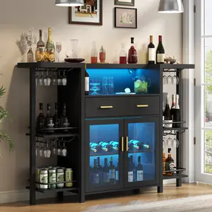 Bar Table Cabinet with LED Lights & Drawer, 8-Tier Wine Bar Cabinet with Wine Rack & Stemware Holder, Home Bar Unit Liquor Cabinets with Glass Door, Crescent Shaped Counter