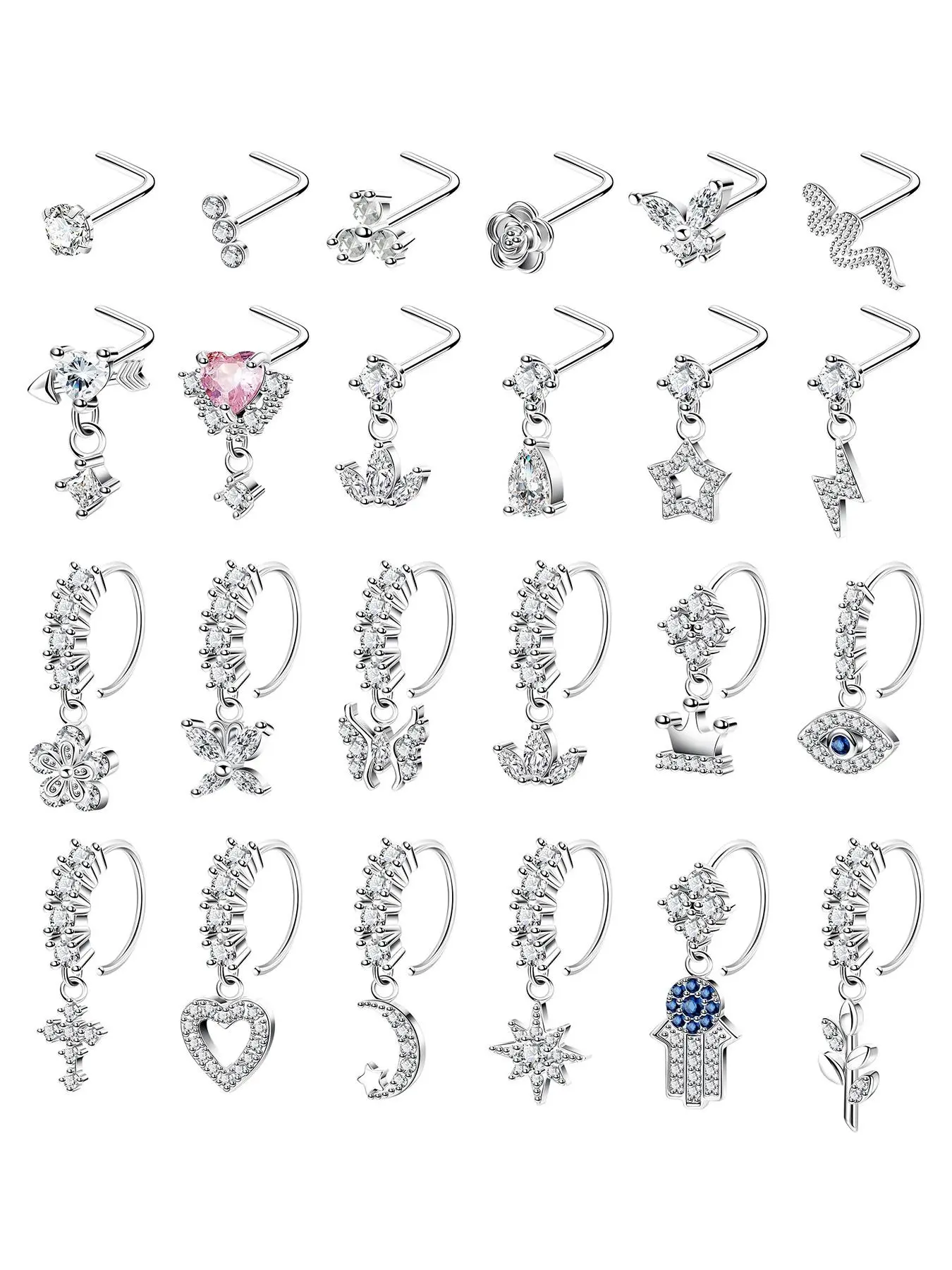 Women's Elegant Rhinestone Decor Nose Ring Set, Butterfly Nose Ring, Rhinestone Nose Rings, Trendy Exquisite Nose Piercing Jewelry, Chic Body Jewelry for Parties, Fashion Body Jewelry