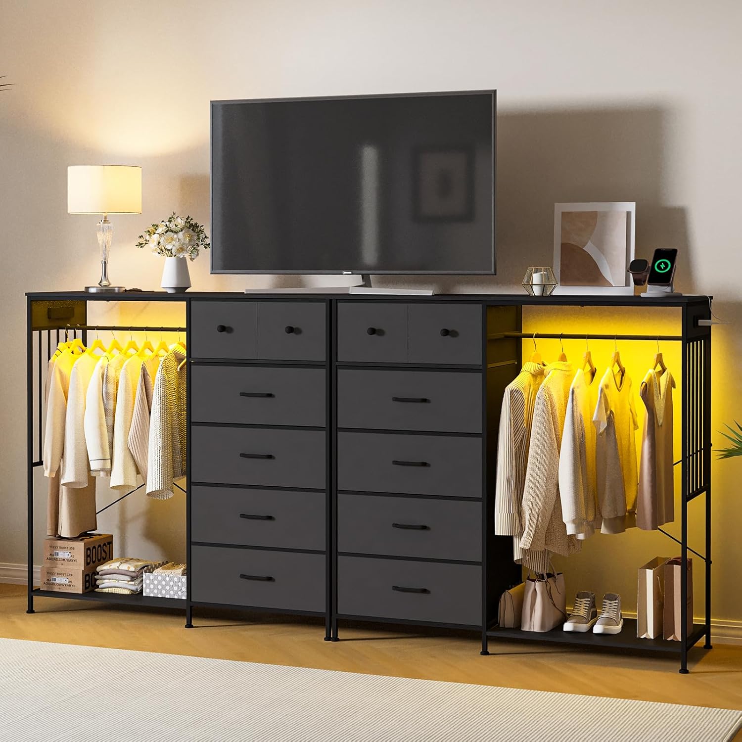 49.2" w Dresser with Hanging Rack & LED Lights, 6-Drawer Closet Organizer with Charging Station, Tall Storage Tower for Bedroom, Reversible Wood Top Chest, Sturdy Frame 49.2" w Dresser with Hanging Rack & LED Lights, 6-Drawer Closet Organizer with Charging Station, Tall Storage Tower for Bedroom, Reversible Wood Top Chest, Sturdy Frame