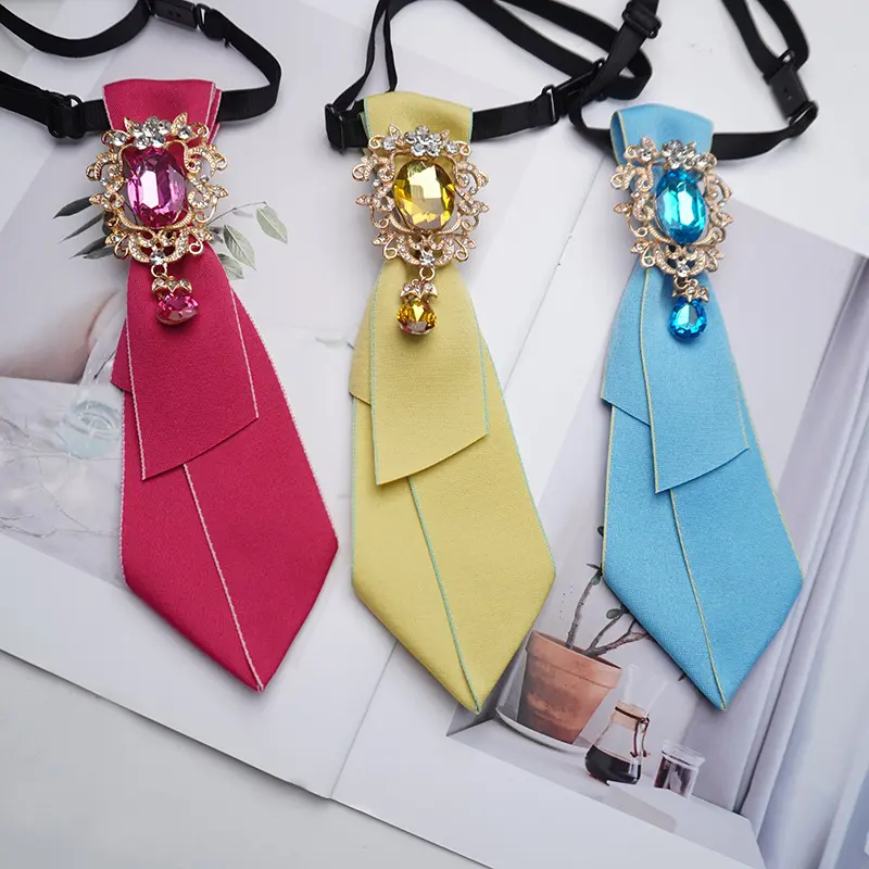Vintage Satin Neck Tie, Pre-Tied Multi-Layered Female Collar Bow with Rhinestone Gem & Crystal Pendant, Adjustable Elastic Blouse Accessory, Pre-Tied Bow