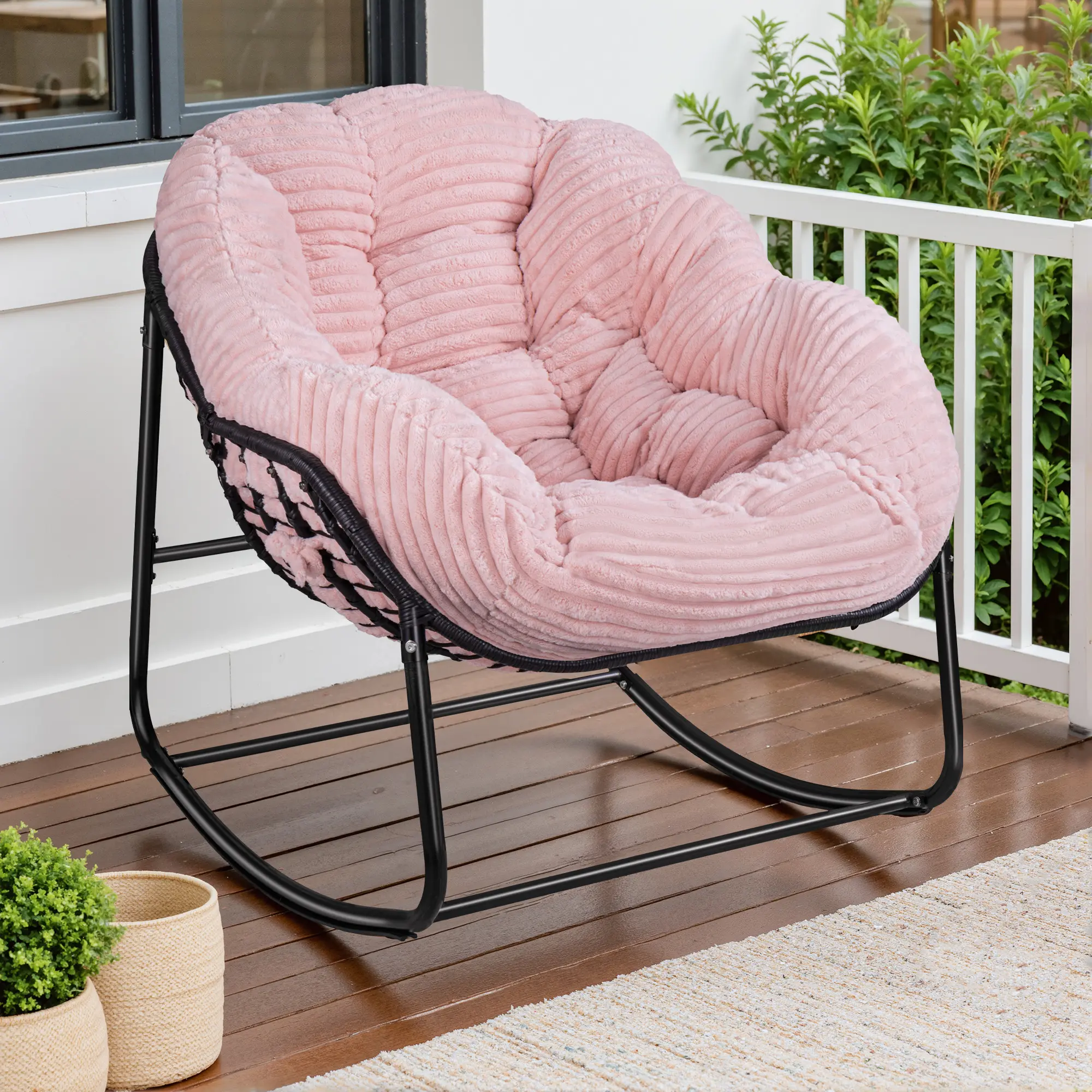 AHB Oversized Wicker Egg Chair - Armless Indoor Rocking Chair, Compact Clean Aesthetic Space Saving Furniture, 6-Inch Thick Corduroy Cushion, Durable Strapped Seating for Living Room (Small Room Ideas, Easy Assembly/Maintenance: Power Drill May Assist)