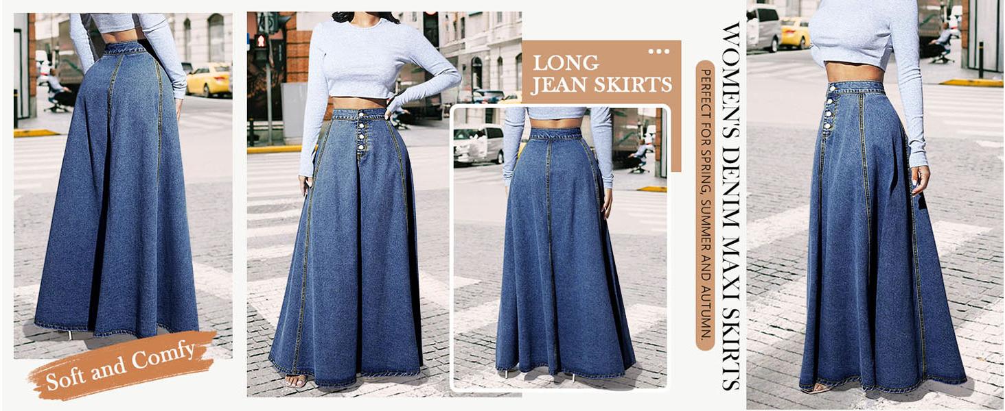 Ebossy Women's Retro High Waisted Button Fly Flared Long Jean Skirts Pleated Flowy Swing A-line Denim Maxi Skirts Ebossy Women's Retro High Waisted Button Fly Flared Long Jean Skirts Pleated Flowy Swing A-line Denim Maxi Skirts