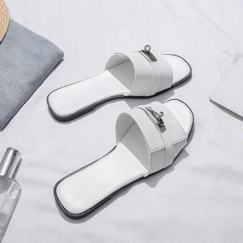 Women's 2026 Summer Korean-Style Flat Slide Sandals - Footwear with Small Silver Buckle, French-Inspired Semi-Slippers for Outdoor Shoe Wear