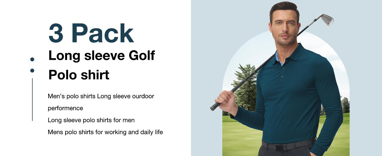ZITY Long Sleeve Polo Shirts for Men 3 Pack Collared Performance Golf Polos Mens Casual Shirts Moisture Wicking Workwear