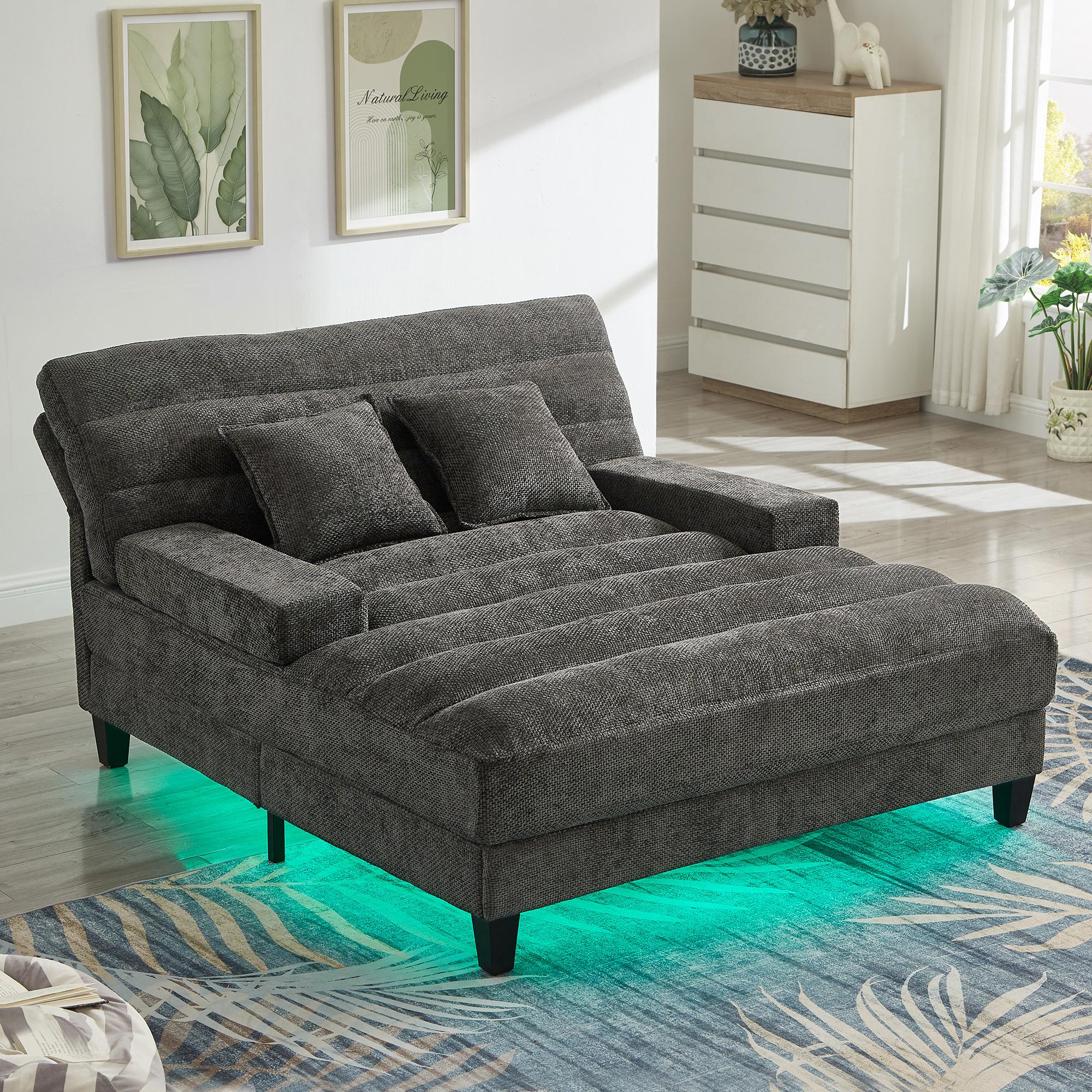 Niccae Modern Chenille Lounge Sofa with RGB LED & Adjustable Backrest - Smart Chaise for Living Room Bedroom, Party Lighting, Relaxation