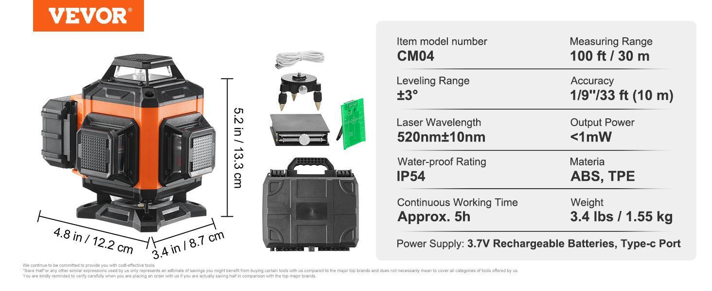 VEVOR Laser Level, TikTokShopBlackFriday, 100ft, Self Leveling Manual Green 4 x 360° Cross 16 Line Laser, IP54 Waterproof Remote Control Manual Self-leveling Mode & 5h Continuous Working Time Line Laser, Battery Include VEVOR Laser Level, TikTokShopBlackFriday, 100ft, Self Leveling Manual Green 4 x 360° Cross 16 Line Laser, IP54 Waterproof Remote Control Manual Self-leveling Mode & 5h Continuous Working Time Line Laser, Battery Include