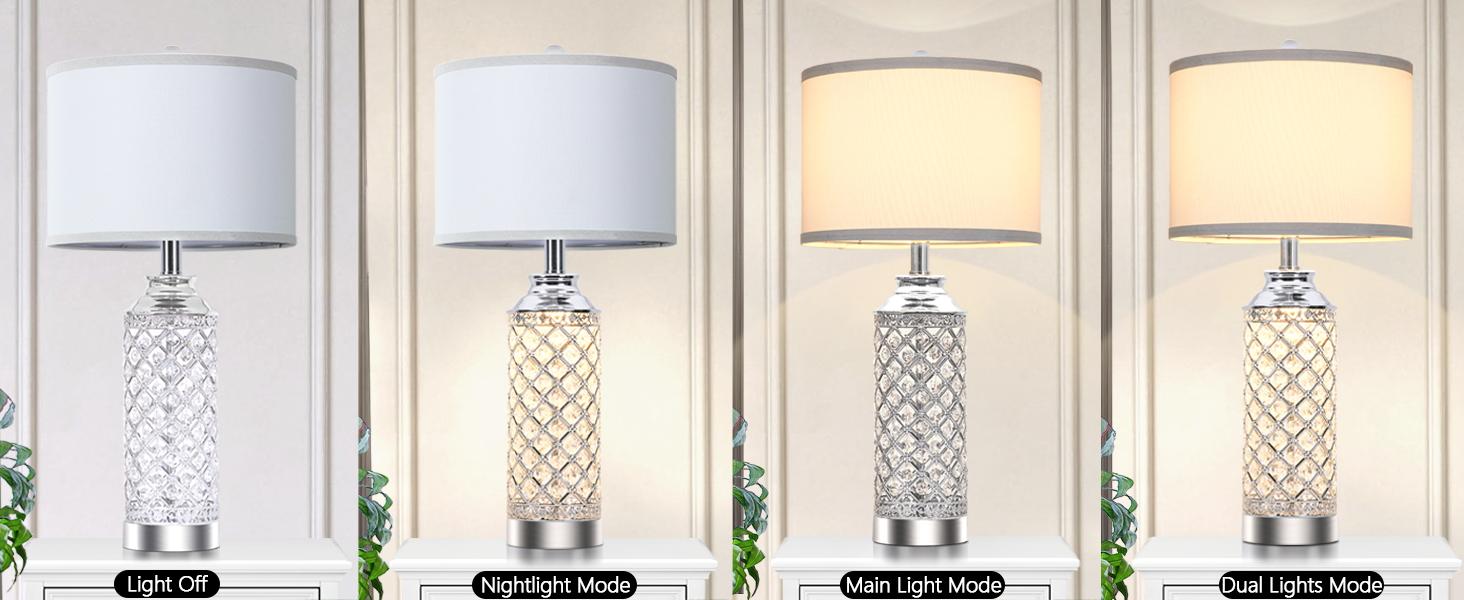 2Pcs 24" Table Lamps, Silver Crystal Nightstand Lamps with USB A+C Charging Ports, Bedside Lamps for Livingroom, Office, Study Room, Guest Room