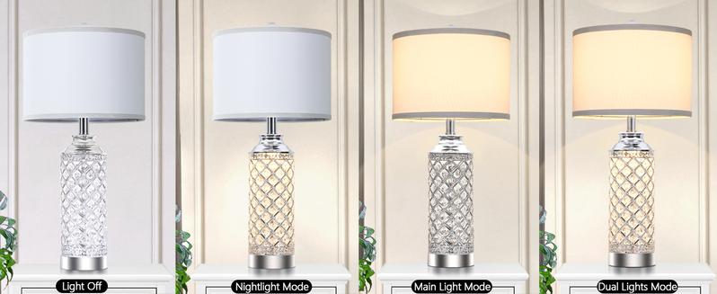 2Pcs 24" Table Lamps, Silver Crystal Nightstand Lamps with USB A+C Charging Ports, Bedside Lamps for Livingroom, Office, Study Room, Guest Room