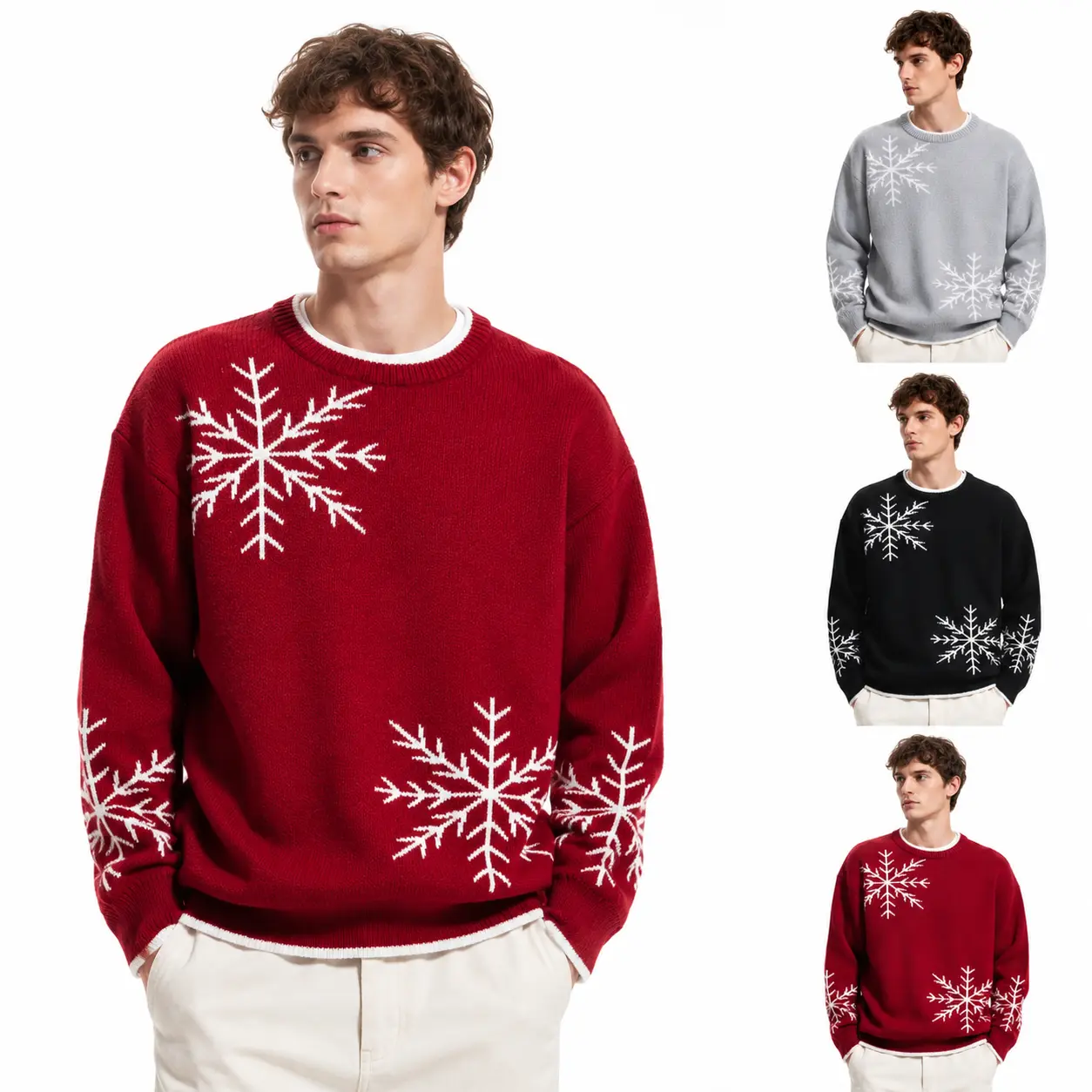 Men's Christmas Jumper - Baggy Oversize Crew Neck Long Sleeve Festive Snowflake Graphic Casual Knit Top for Holiday Celebrations, Sweater, Oversized, Halloween