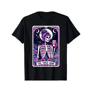 Tired Mom Tarot Skull Mother's Day Skull Coffee Comfortable  T-shirt casual , Unisex, Mother's Day Gift, 100% Cotton,180g Fabric Weight, Machine Washable, Unisex Comfortable  T-shirt casual , Gift for Men Women Dad Mom Friends