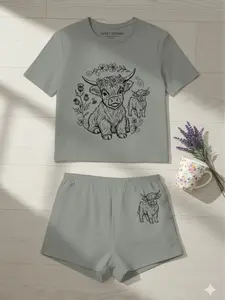 Sweet Dreams Women's Highland Cow Pajama Set - Soft Cotton Blend Short Sleeve Top & Shorts, Cute Hand-Drawn Cow Print Loungewear for Sleep & Lounging