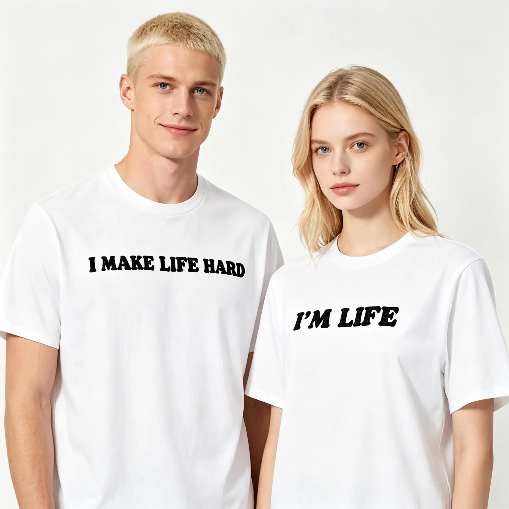 Simple Matching Outfit For Couples Featuring Clever Slogan On T-Shirt