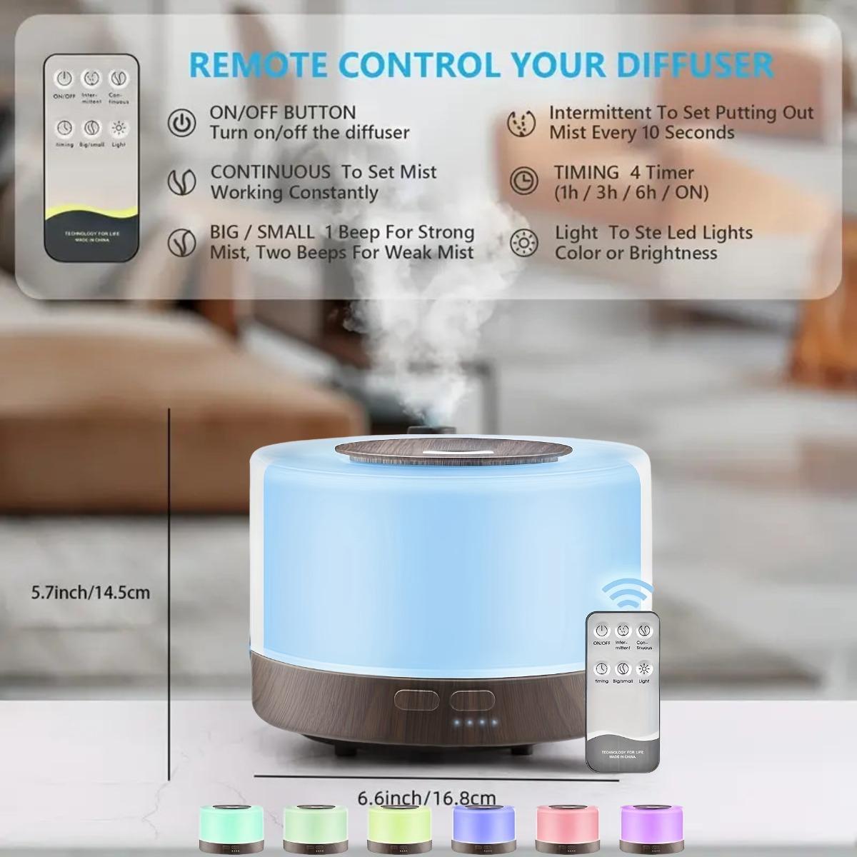 Soundwave Technology Aromatherapy Diffuser & Cool Mist Humidifier 16.91oz Adjustable Mist Auto Shut Off Remote Control 7 Color LED Night Light USB Powered Air Purifier Essential Oil Aroma Diffuser Color Changing