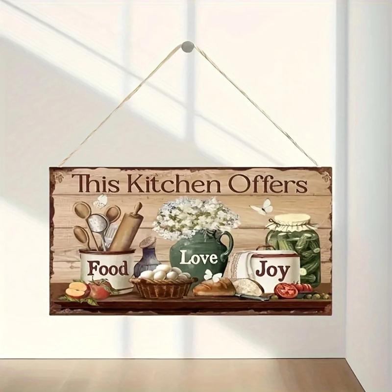 Rustic Wooden Kitchen Wall Decor Sign - "This Kitchen Offers Food Love Joy" Hanging Plaque with Cooking and Floral Illustrationcan be customized with your own designcan be customized with your own design