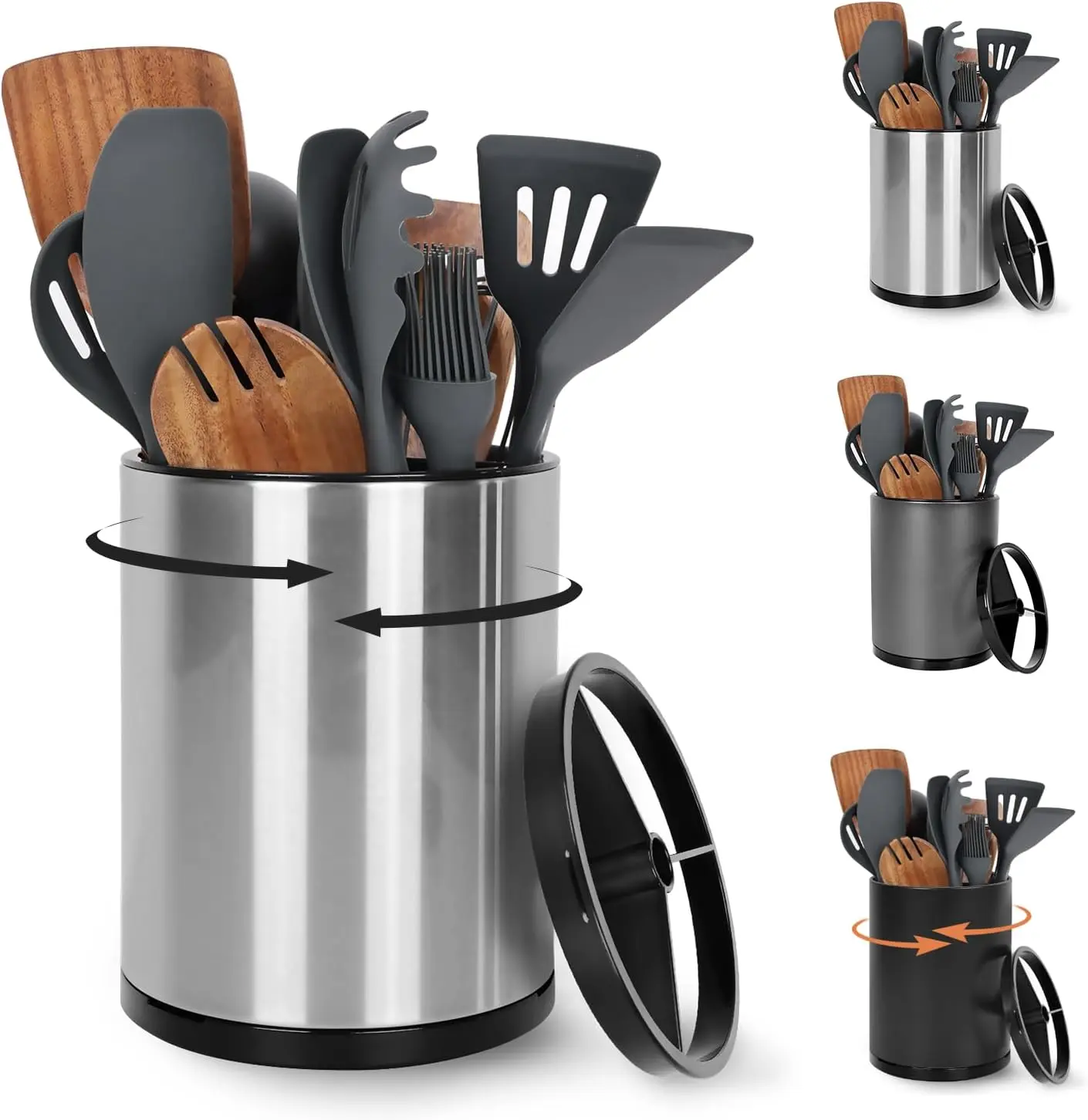 Stainless Steel 360° Rotating Extra Large 3-Compartment Kitchen Utensil Holder Container - Tabletop Knife Storage Caddy with Removable Rubber Base, Silvery Modern Gift for Family Dinners, Mother's Day, Birthdays