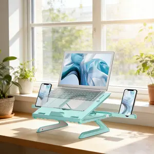 Adjustable Foldable Laptop Stand with 2 Phone Holders, Portable Desktop Raiser with Ergonomic Breathable Design, Non-Slip Base, Height and Angle Adjustable for MacBook, All Laptops, Ideal for Work and Study - Mint Green