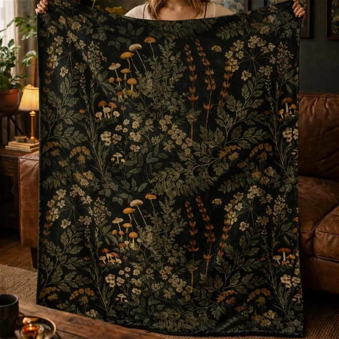 Dark Botanical Mushroom Decorative Throw Blanket, Cozy Breathable and Smooth Flannel, Lightweight Durable Construction, Versatile Boho Forest Wildflower Bedroom Gift