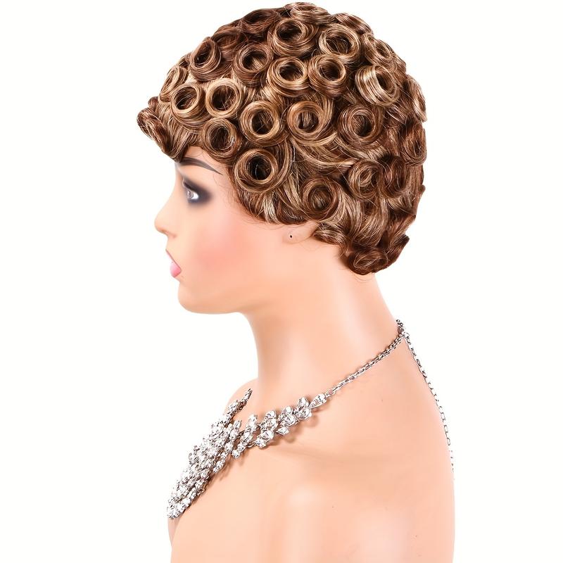 Women's 6" Short Curly Pixie Cut Human Hair Wig with Bangs - 180% Density Natural Brown/Blonde/Red/ - Machine-Made None Lace Front Wig Comfortable & Natural Look for Everyday Parties Formal Events - Easy Maintenance Short Hairstyle