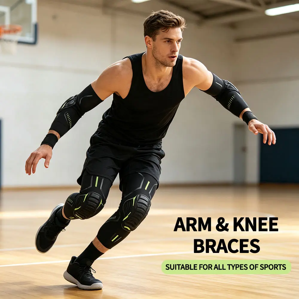 Unisex Elastic Fabric Multi-Sports Sporty Protective Set, Pressurized Elbow-Knee Guards, Compression Leg Sleeves for Fitness, Basketball, Fitness/Sports, Sporty Protective Gear
