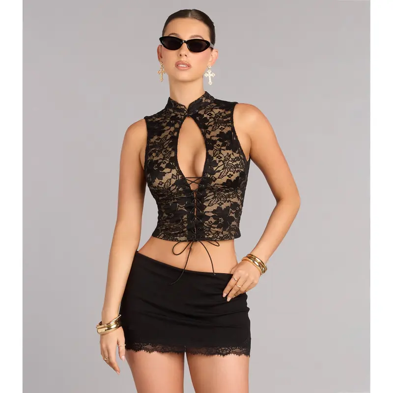 All Eyes Lace Up Open Back Crop Top