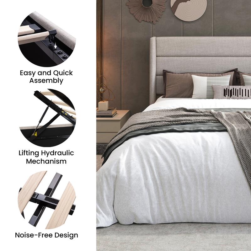 SHA CERLIN Storage Bed Frame 【No Mattress】Modern Linen Upholstered Headboard Lift-Up Storage Platform Bed Fram, Two Style Headboard, Heavy Duty Gas Lift Support, No Box Spring Needed,Wood Slats Support, Full Queen King Size