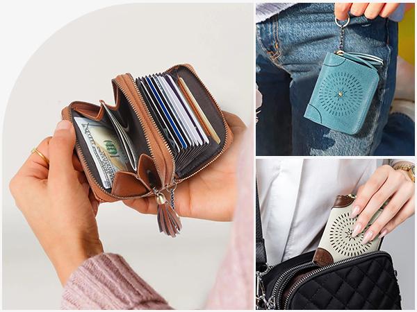 BOSTANTEN Credit Card Holder Wallet RFID Double Zipper Small Wallet for Women Leather Keychain Wallet with Tassel mom  pouch