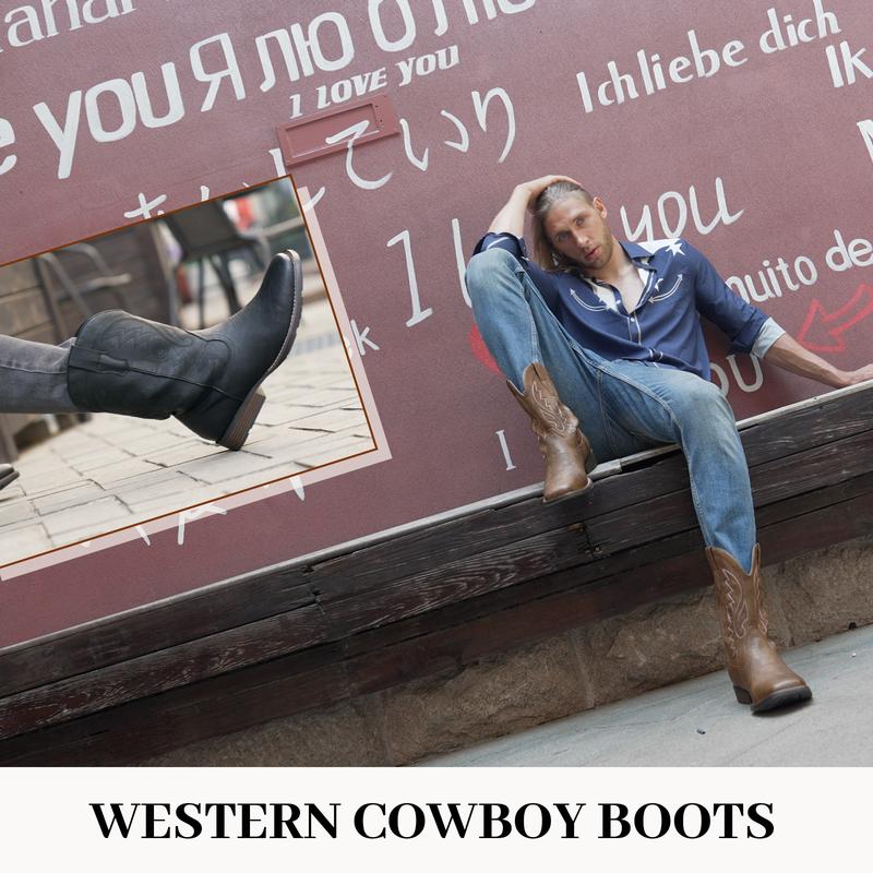 Cowboy Boots For Men with Wide Square Toe Western Retro Boot Durable Classic Fashionable Embroidered Pull On Slip Resistant Boots
