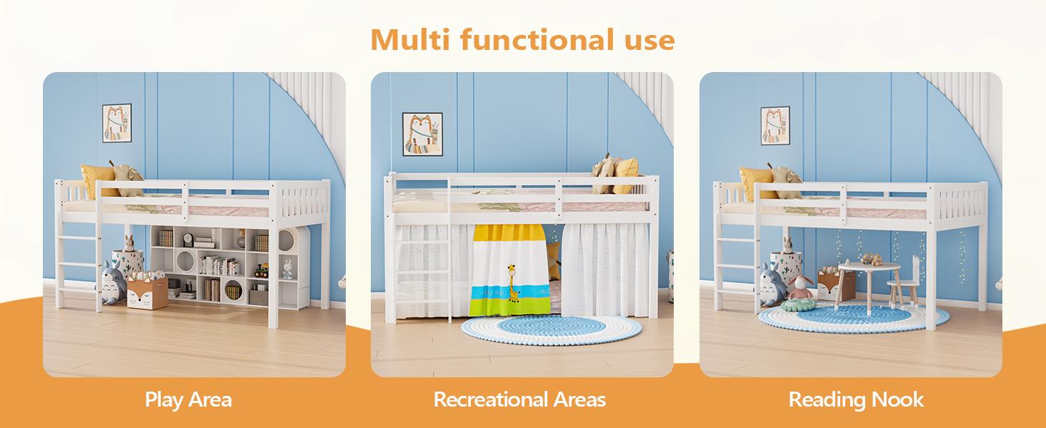 JOYMOR Twin Loft Bed Low Loft Bed Frame for Little Kids Small Room/Low Ceiling Bedrrom with Guardrail and Ladder, White