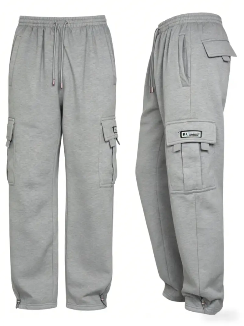 Men's Heavyweight Fleece Cargo Sweatpants Loose Fit Tactical Exercise Fitness Multi-Pocket Baggy Jogger Casual Fleece Pants for Everyday Wear