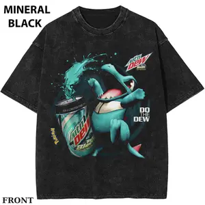 Pokemon Totodile x Mtn Dew Baja Blast Graphic T-Shirt, Anime Soda Monster Vintage Mineral Wash Crew Neck Short Sleeve Tee, Cotton Retro Streetwear for Men Women Sizes S to 4XL