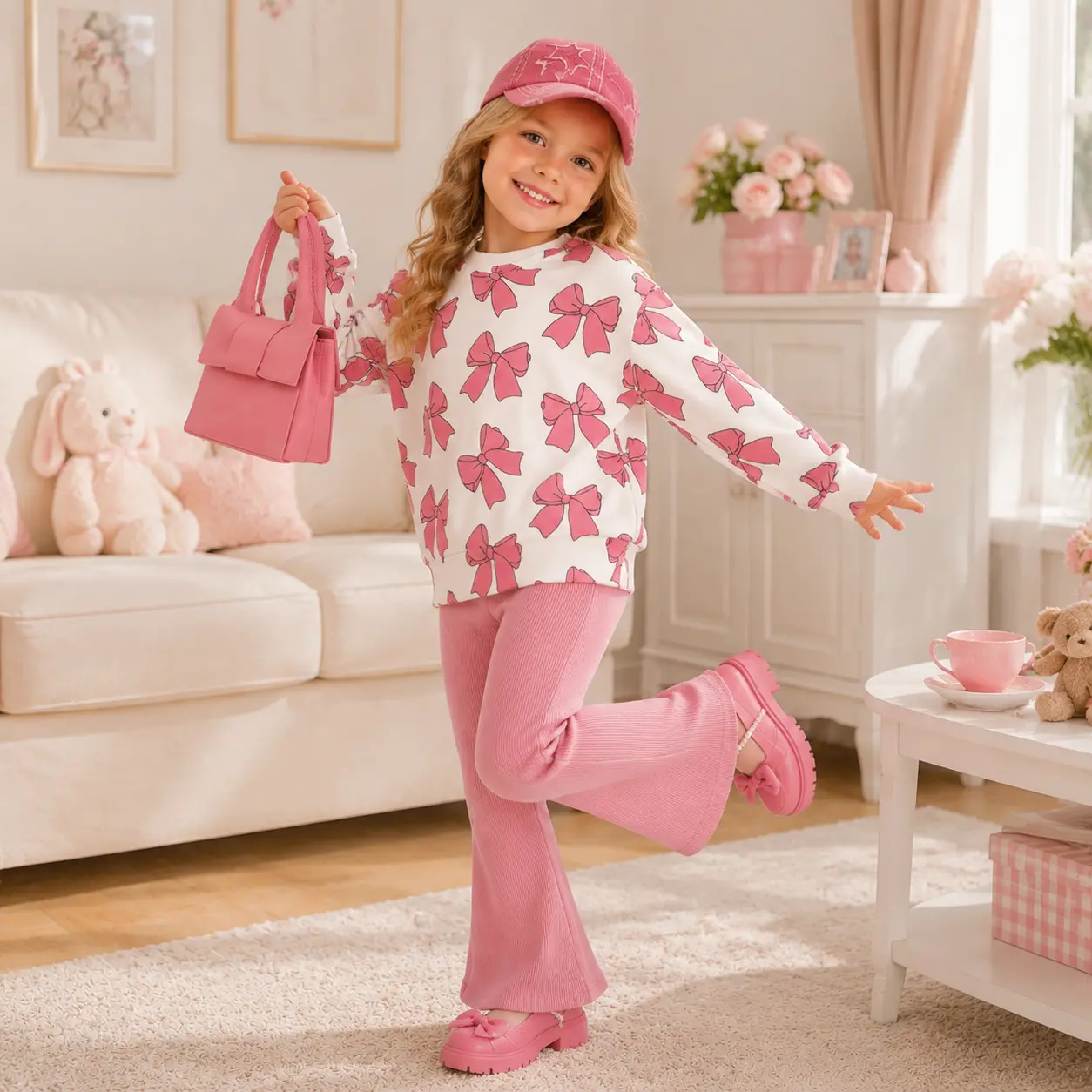 Little Girls 2-Piece Outfit Set, Pink Bow Print Long Sleeve Sweatshirt with Ribbed Flare Pants, Trendy Coquette Aesthetic Clothes for Kids 4-7 Years Old, Soft Fall Winter Bell Bottom Sweatsuit, Stylish Toddler Girl Casual Wear