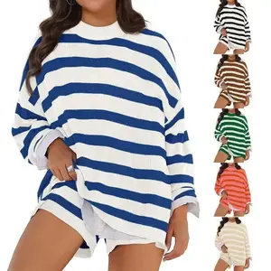 [XL-5XL] Women Plus Size Casual  Striped Knitted 2-Piece Sweater  Long Sleeve Top and Shorts Oversized Clothing Solid Color Ruffle Trim Set Women's Hoodie and Tracksuit Set Patch Detail Sweatshirt Set Halter Neck Tank and Wide-Leg Pants Set
