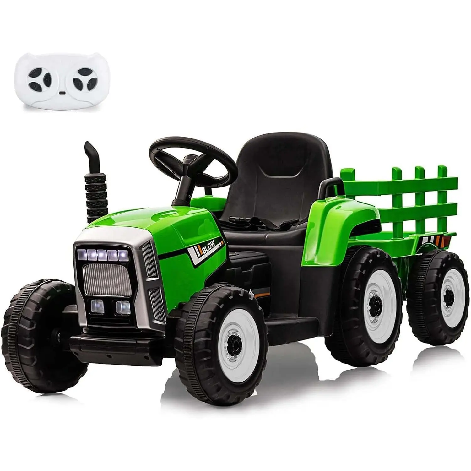 12V Rechargeable Battery Kids Ride-On Tractor with Detachable Trailer - 25W Dual Motors, 2+1 Gear Shift, 7 LED Headlights, MP3 Audio, TF Card Slot, Realistic Design - Garden Toy for Toddlers Ages 3+ (Green) - New Year Gifting Ideal
