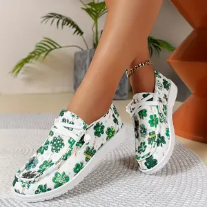 Women Clovers Pattern Canvas Sneakers Low Top Lace Up Flat Sports Shoes Casual Walking Trainers For St Patricks Day jogging sporty flexible stable agile cross trainer fitness performance durable